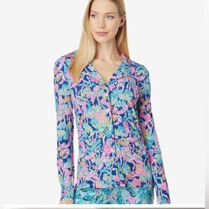 Lily Pulitzer Floral Oyster Bay Button Down Knit PJ Top Size M